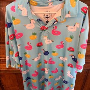 Proud 90 Golf Is Fun Light Blue Novelty Floatie Polo with Pink & Yellow Accents.